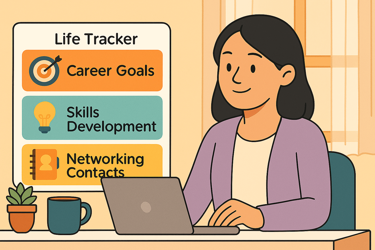 Young professional tracking career goals on laptop with life tracker dashboard