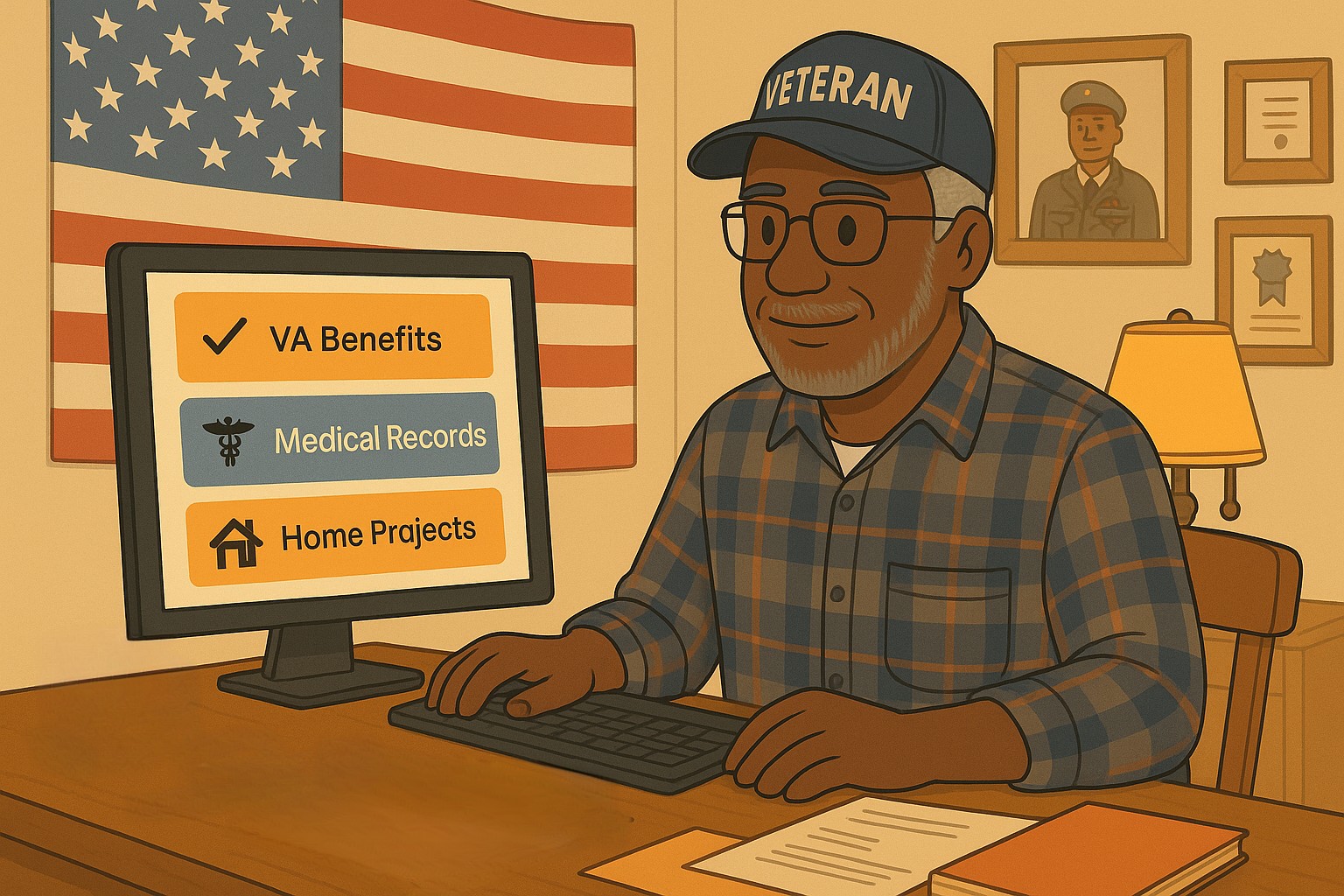 Veteran managing benefits and records on computer in home office