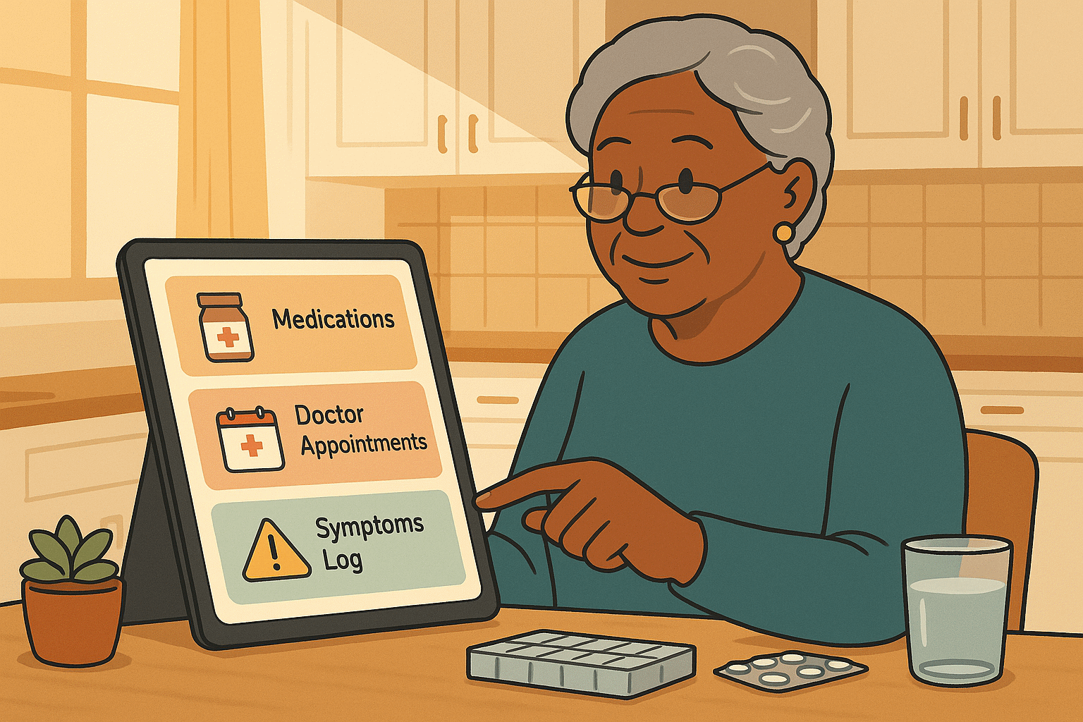 Senior woman managing health records on tablet in bright kitchen setting