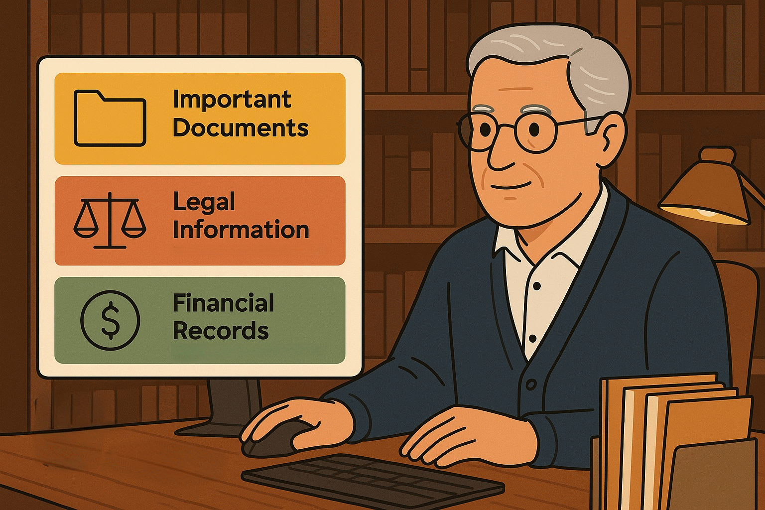 Elderly man organizing important documents on computer in study