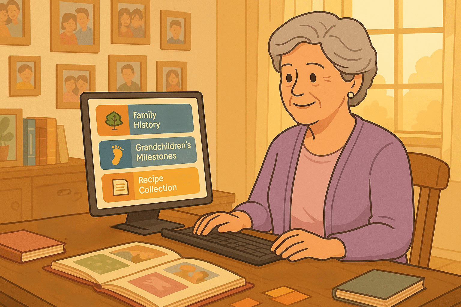 Grandmother preserving family memories on computer in sunlit craft room