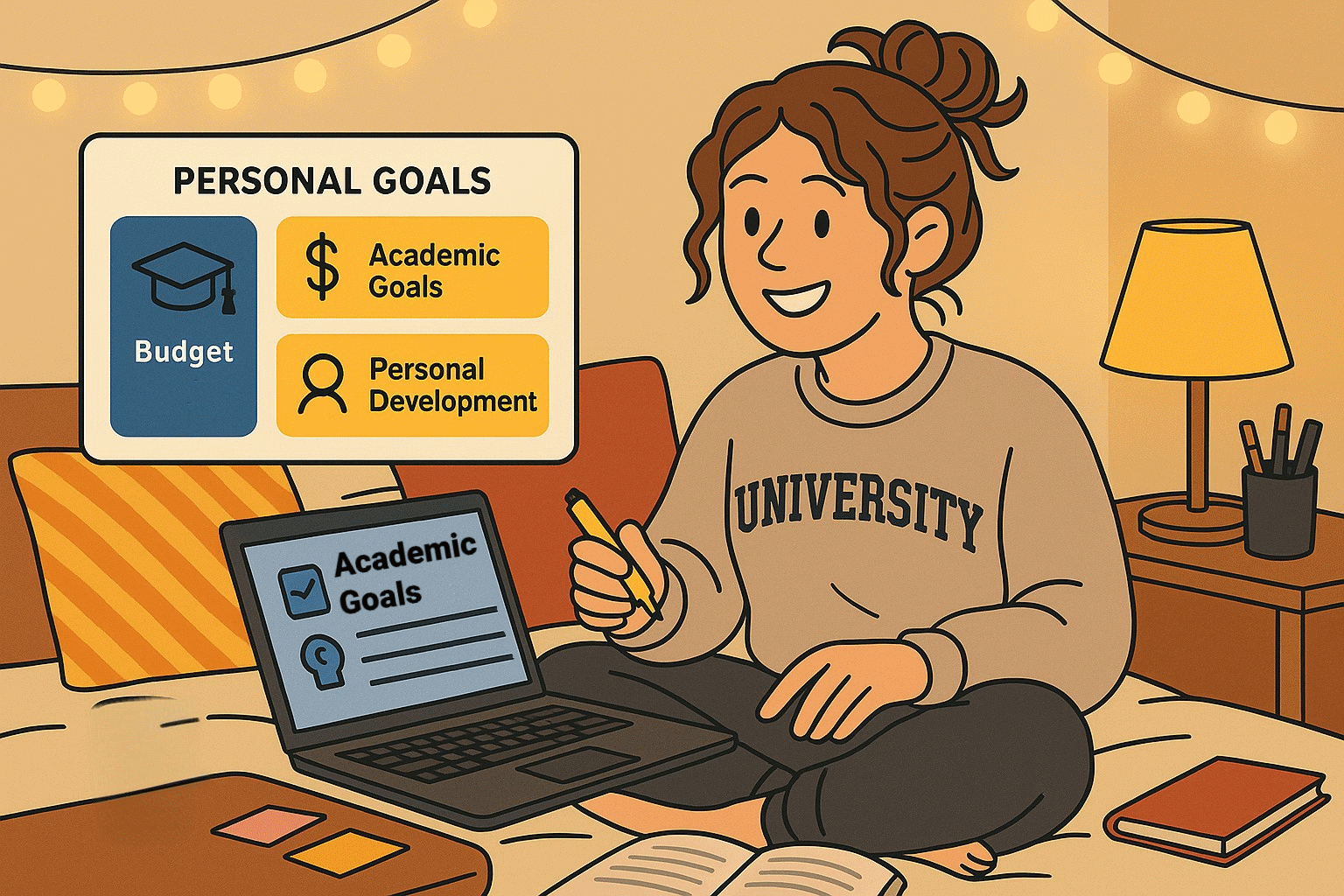 College student tracking personal goals on laptop in cozy dorm room