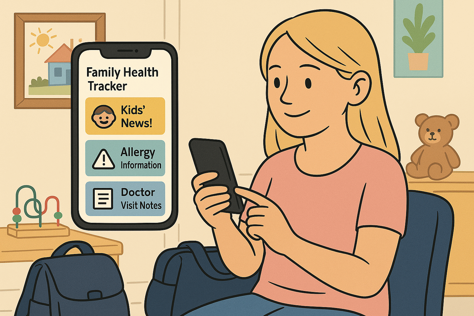 Young mother tracking family health on smartphone in pediatrician waiting room