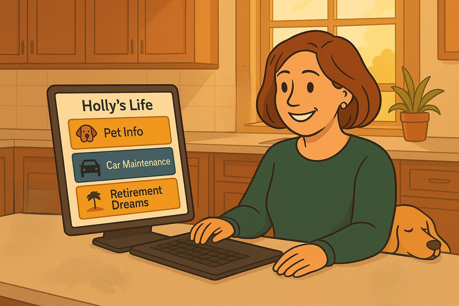 Middle-aged woman organizing personal life tracker on laptop in modern kitchen