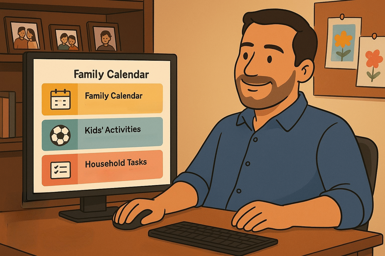 Father organizing family schedules on desktop computer in home office