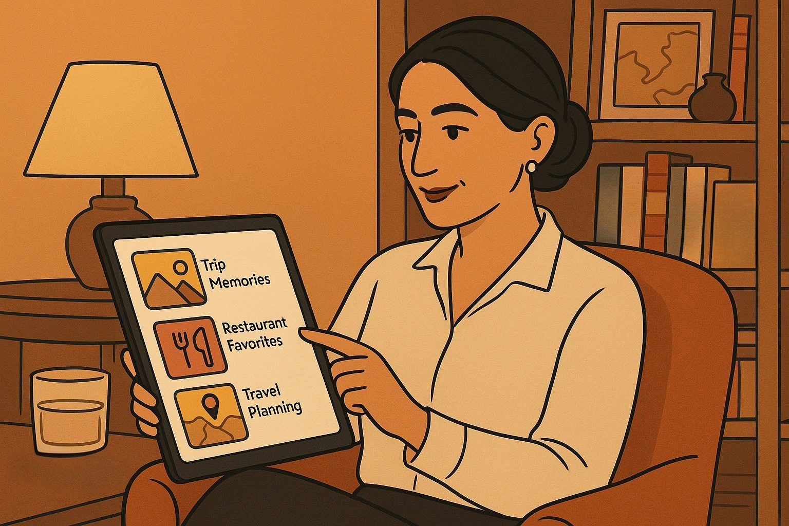 Middle-aged woman planning travel memories on tablet in living room