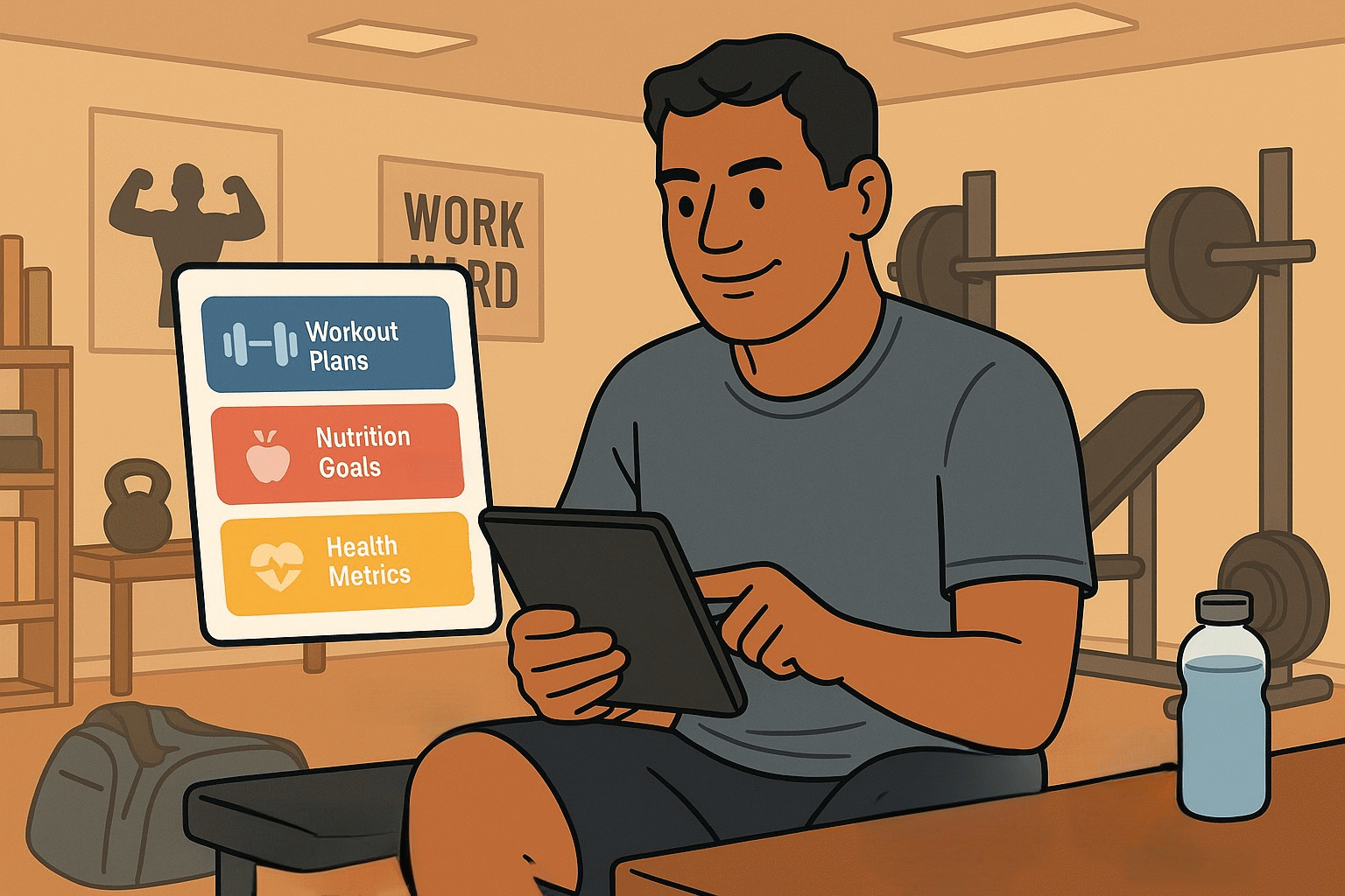 Middle-aged man tracking fitness goals on tablet in home gym