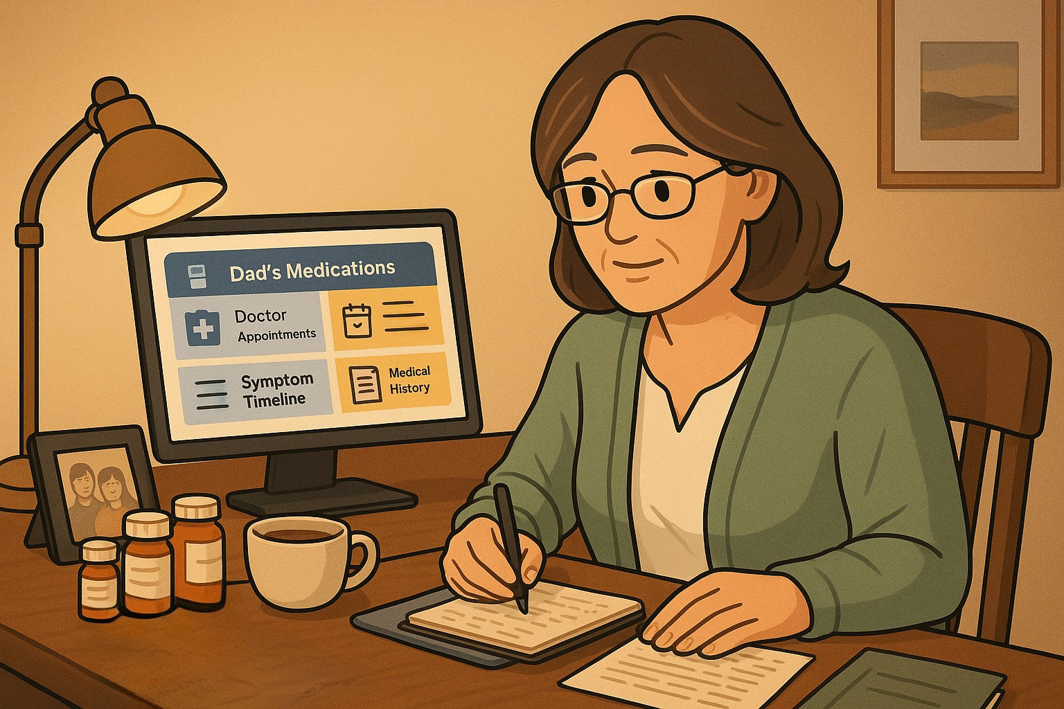Senior woman managing family member's medical records on laptop with comprehensive health tracking dashboard